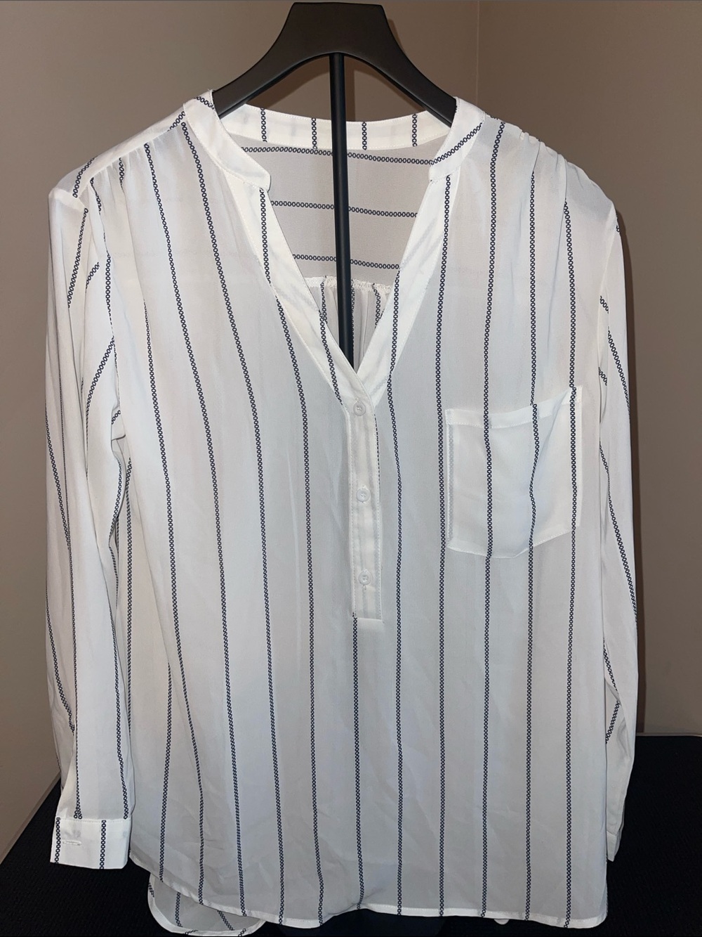 White Vertical-Stripe V-Neck Blouse Medium